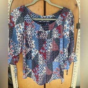 Sara Michelle Blue and Red Patchwork Blouse. NWOT